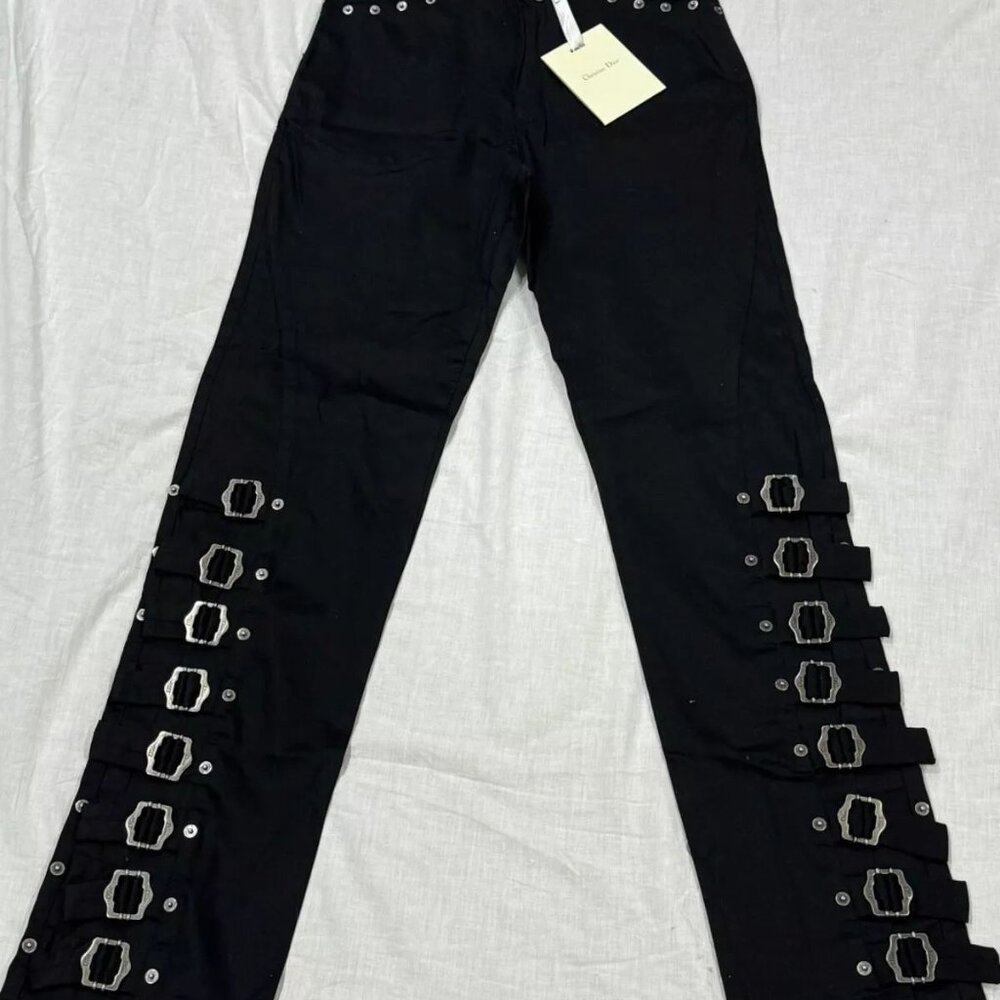 Womens iconic John Galliano Designer buckle leg pants in classic black